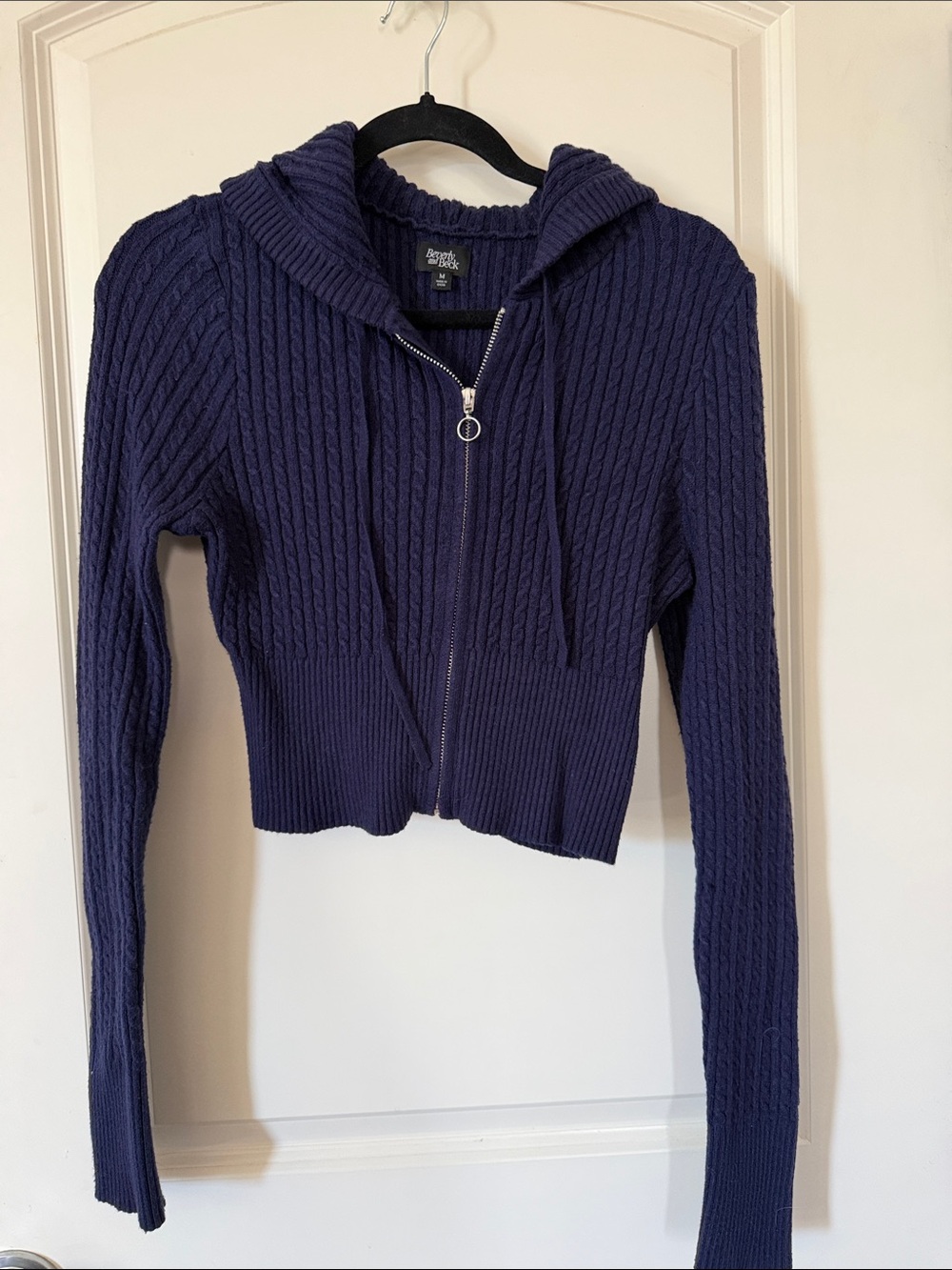 Navy Cable-Knit Zip Hoodie Cardigan